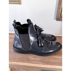 Zara Trafaluc Black Leather Tassel Chelsea Ankle Boots 38 Preppy Coastal Rain